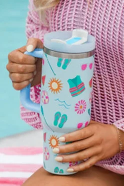 Hot Dear-Lover Beach Day Fun Pattern Cup with Handle 40oz Light Blue