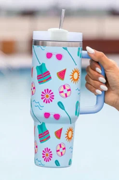 Hot Dear-Lover Beach Day Fun Pattern Cup with Handle 40oz Light Blue