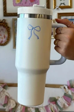 Hot Dear-Lover Bow Knot Color Block Handle Tumbler 40Z Light Blue
