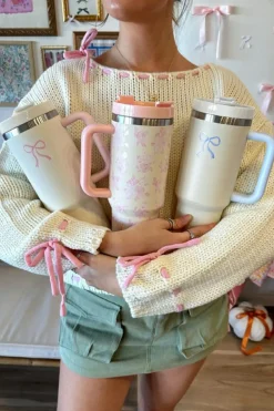 Hot Dear-Lover Bow Knot Color Block Handle Tumbler 40Z Light Blue