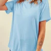Fashion Dear-Lover Bright Casual Plain Crew Neck Tee Light Blue