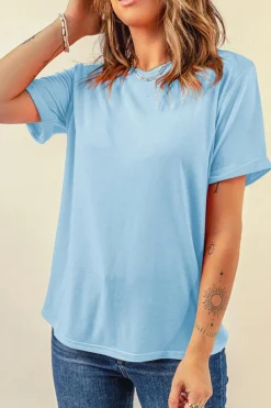 Fashion Dear-Lover Bright Casual Plain Crew Neck Tee Light Blue