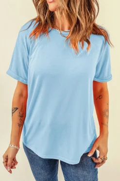 Fashion Dear-Lover Bright Casual Plain Crew Neck Tee Light Blue
