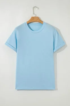 Fashion Dear-Lover Bright Casual Plain Crew Neck Tee Light Blue