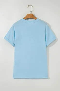 Fashion Dear-Lover Bright Casual Plain Crew Neck Tee Light Blue