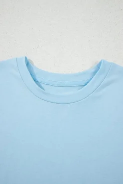 Fashion Dear-Lover Bright Casual Plain Crew Neck Tee Light Blue