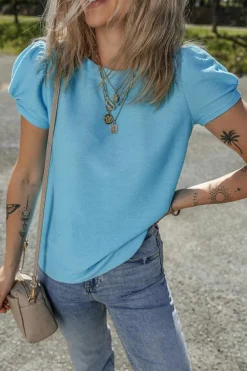 Outlet Dear-Lover Bubble Sleeve Solid Color Elegant T-Shirt Light Blue