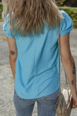 Outlet Dear-Lover Bubble Sleeve Solid Color Elegant T-Shirt Light Blue