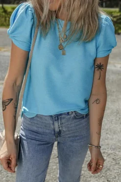 Outlet Dear-Lover Bubble Sleeve Solid Color Elegant T-Shirt Light Blue