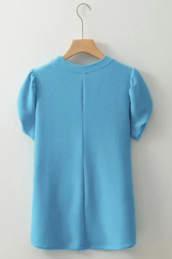 Outlet Dear-Lover Bubble Sleeve Solid Color Elegant T-Shirt Light Blue