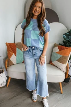 Online Dear-Lover Checkered Color Block Crew Neck Short Sleeve Sweater Light Blue
