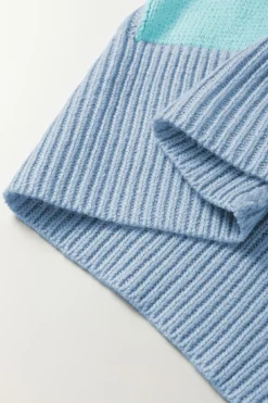 Online Dear-Lover Checkered Color Block Crew Neck Short Sleeve Sweater Light Blue