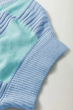 Online Dear-Lover Checkered Color Block Crew Neck Short Sleeve Sweater Light Blue