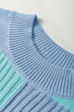 Online Dear-Lover Checkered Color Block Crew Neck Short Sleeve Sweater Light Blue