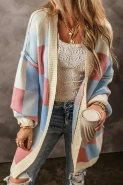 New Dear-Lover Checkered Drop Shoulder Exposed Seam Open Front Cardigan Light Blue