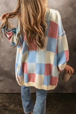 New Dear-Lover Checkered Drop Shoulder Exposed Seam Open Front Cardigan Light Blue