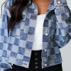 Discount Dear-Lover Checkered Patchwork Button up Denim Jacket Light Blue