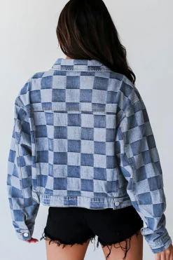 Discount Dear-Lover Checkered Patchwork Button up Denim Jacket Light Blue