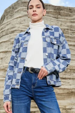 Discount Dear-Lover Checkered Patchwork Button up Denim Jacket Light Blue