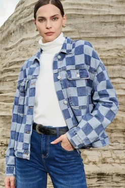 Discount Dear-Lover Checkered Patchwork Button up Denim Jacket Light Blue