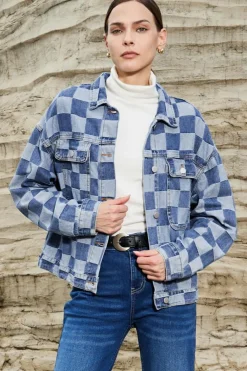 Discount Dear-Lover Checkered Patchwork Button up Denim Jacket Light Blue