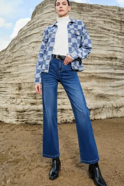 Discount Dear-Lover Checkered Patchwork Button up Denim Jacket Light Blue