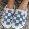 Clearance Dear-Lover Checkered Print Fuzzy Slip On Winter Slippers Light Blue