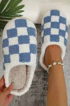Clearance Dear-Lover Checkered Print Fuzzy Slip On Winter Slippers Light Blue
