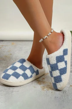 Clearance Dear-Lover Checkered Print Fuzzy Slip On Winter Slippers Light Blue