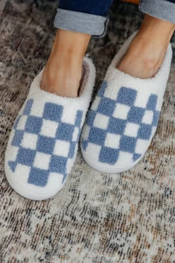 Clearance Dear-Lover Checkered Print Fuzzy Slip On Winter Slippers Light Blue