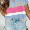 Clearance Dear-Lover Color Block Notch V Neck Sweater T Shirt Light Blue