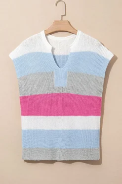 Clearance Dear-Lover Color Block Notch V Neck Sweater T Shirt Light Blue
