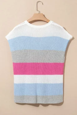 Clearance Dear-Lover Color Block Notch V Neck Sweater T Shirt Light Blue
