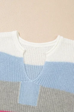 Clearance Dear-Lover Color Block Notch V Neck Sweater T Shirt Light Blue