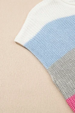 Clearance Dear-Lover Color Block Notch V Neck Sweater T Shirt Light Blue