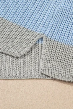 Clearance Dear-Lover Color Block Notch V Neck Sweater T Shirt Light Blue