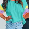 Clearance Dear-Lover Color Block Stitching Sleeve Round Neck Oversize Top Light Blue