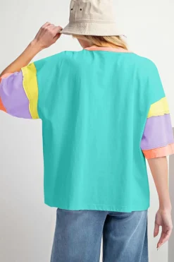 Clearance Dear-Lover Color Block Stitching Sleeve Round Neck Oversize Top Light Blue