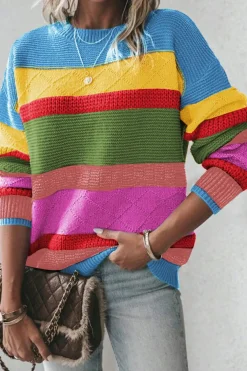 Fashion Dear-Lover Colorblock Mixed Textured Drop Shoulder Sweater Light Blue
