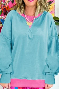 Outlet Dear-Lover Colorblock Patchwork Crew Neck Loose Sweatshirt Light Blue