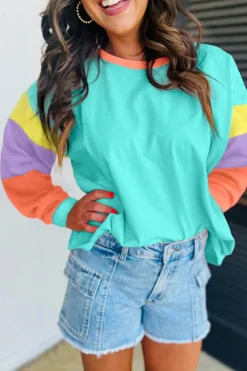 New Dear-Lover Colorblock Patchwork Long Sleeve Loose Top Light Blue