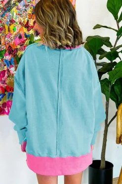 Outlet Dear-Lover Colorblock Patchwork Crew Neck Loose Sweatshirt Light Blue