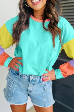 New Dear-Lover Colorblock Patchwork Long Sleeve Loose Top Light Blue