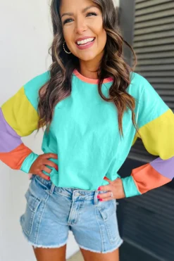 New Dear-Lover Colorblock Patchwork Long Sleeve Loose Top Light Blue
