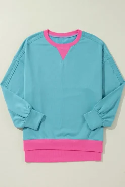 Outlet Dear-Lover Colorblock Patchwork Crew Neck Loose Sweatshirt Light Blue