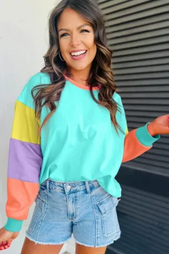 New Dear-Lover Colorblock Patchwork Long Sleeve Loose Top Light Blue