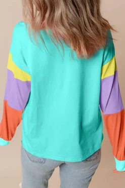 New Dear-Lover Colorblock Patchwork Long Sleeve Loose Top Light Blue