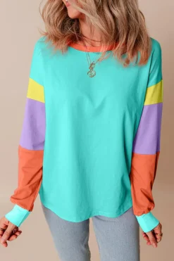 New Dear-Lover Colorblock Patchwork Long Sleeve Loose Top Light Blue