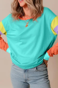 New Dear-Lover Colorblock Patchwork Long Sleeve Loose Top Light Blue