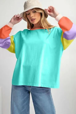 New Dear-Lover Colorblock Patchwork Long Sleeve Loose Top Light Blue